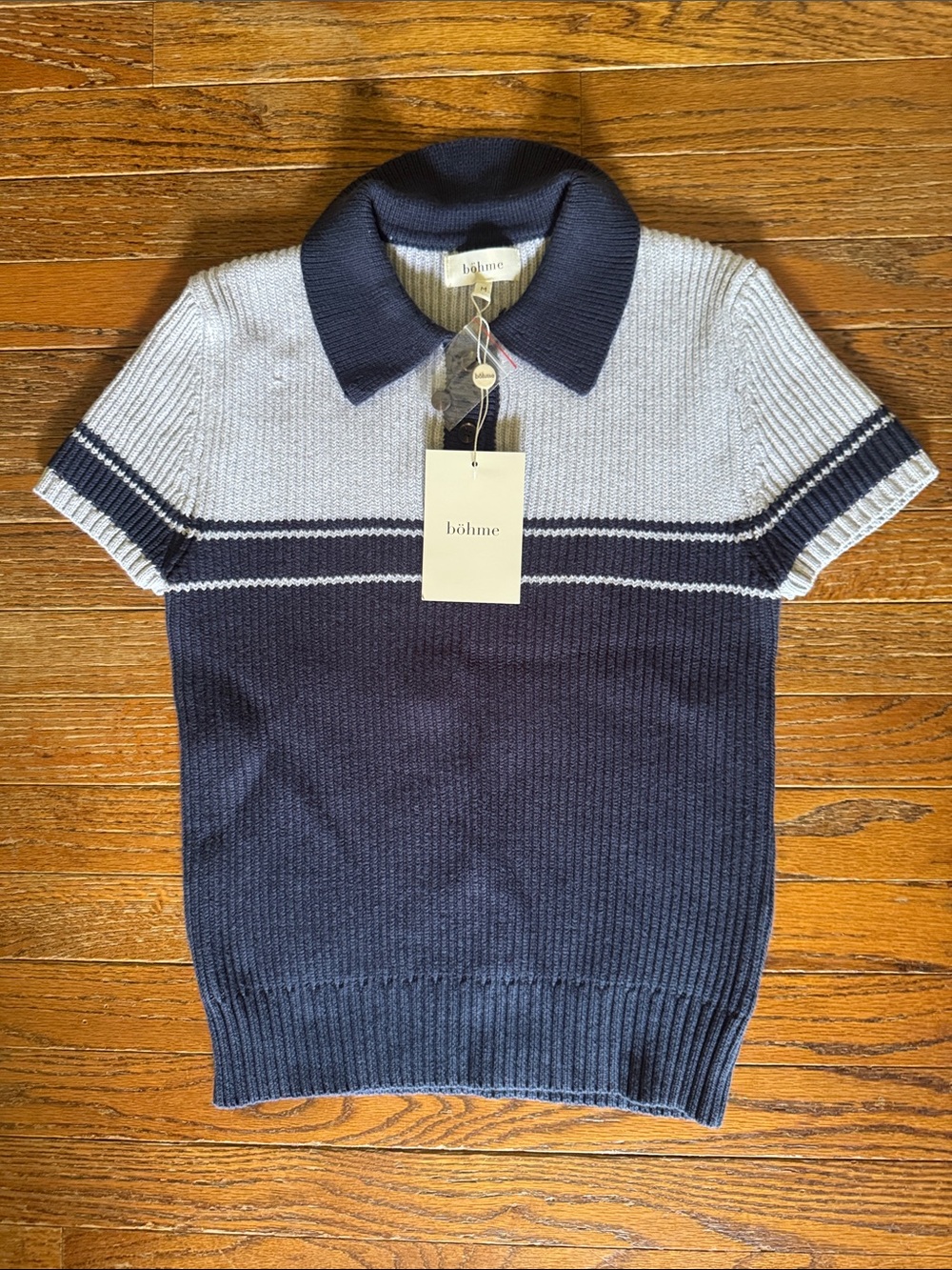 bōhme Navy and Light Blue Striped Knit Polo Top